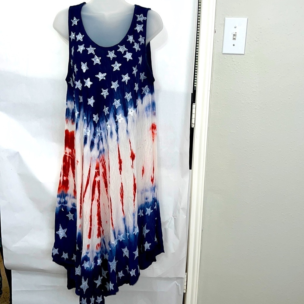 Red White Blue with Stars Sleeveless Rayon Dress Swimsuit Coverup One Size